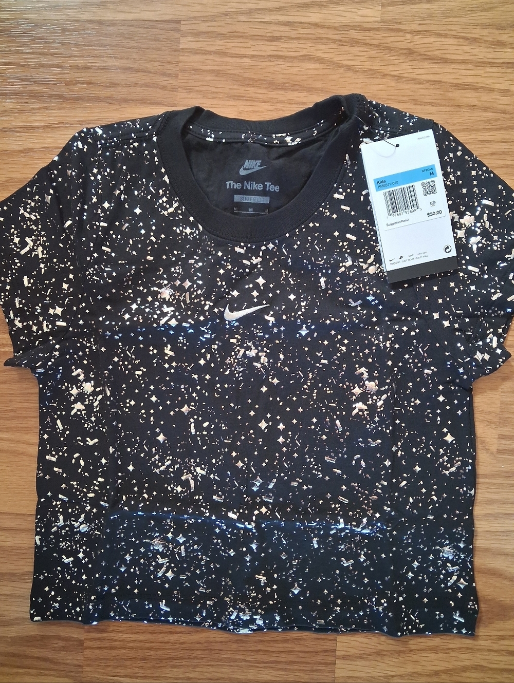 NWT Nike Black Splatter Print Kids Tee slim Fit Girls Size M